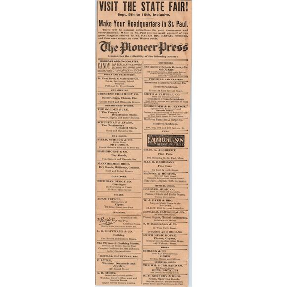 Minnesota State Fair List of Vendors Paul MN 1898 Newspaper Ad